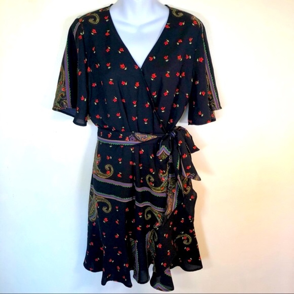 Dex Floral Paisley Asymmetrical Flutter Sleeve Wrap Dress